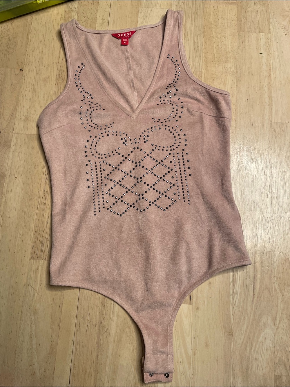 Guess Blush Pink V-Neck Bodysuit with Front Stud Detail